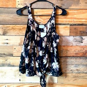 Black floral front-tie tank top